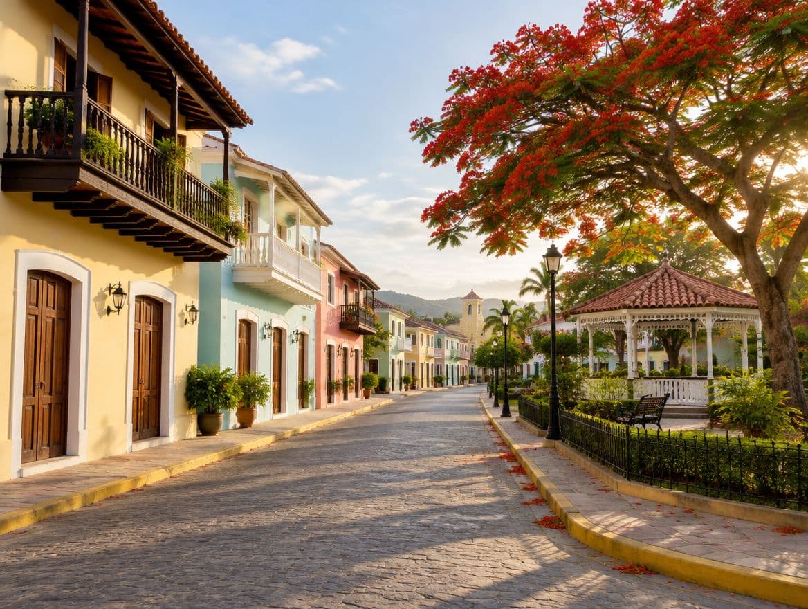 Calle de un pueblo dominicano al amanecer